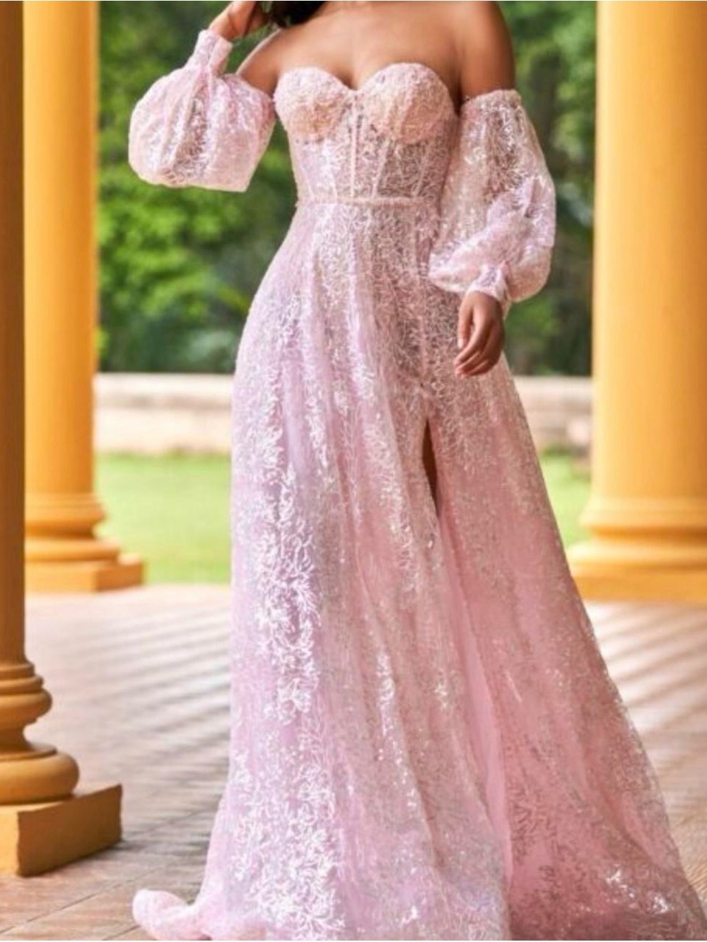 Sherri Hill Blush Pink Lace Prom Gown with Puff Sleeves - Picture 6 of 6